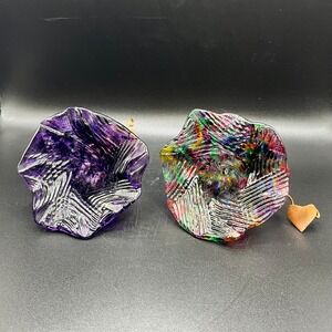 Blown Art Glass Flower‎ Sculpture Set Purple & Rainbow Decor w/ Copper Vine 3.5"